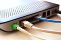 Fiber optic Internet,network cable connected to a router, internet concept, speed test Royalty Free Stock Photo