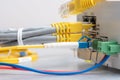 Fiber optic and network ethernet patch cord cable connect to the switch Royalty Free Stock Photo