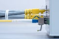 Fiber optic and network patch cord cable connect to the switch Royalty Free Stock Photo