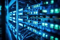 fiber optic with servers in a technology data center. Blue toned, Network cables connected into switches. Ethernet router in data Royalty Free Stock Photo