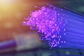 Fiber optics in magenta, close up with ethernet and keyboard background, warm lens flare