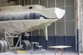 Fiberglass yacht being repaired at a shipyard