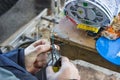 Fibre optic technician preparing the fibers Royalty Free Stock Photo