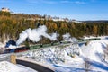 Fichtelbergbahn steam train locomotive railway on a bridge in winter aerial view in Oberwiesenthal, Germany Royalty Free Stock Photo