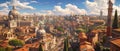 Fiction aerial view of Ancient Rome in summer, landscape of city. Scenery of old buildings roofs and sky. Concept of Empire,