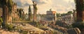 Fiction panoramic view of Ancient Rome in summer, landscape of city. Scenery of old buildings roofs and sky. Concept of Roman