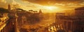 Fiction panoramic view of Ancient Rome at sunset, urban landscape in summer. Wide banner with historical buildings, sun and sky. Royalty Free Stock Photo