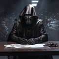 A fictional character in a hooded robe and mask is seated at a table , generated by AI Royalty Free Stock Photo