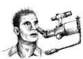Fictional Character Man watching through a telescope, surprise man, Sketch line art watching the telescope, Science Discovery Illu Royalty Free Stock Photo