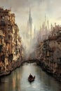 Fictional city around the river, 3d illustration stylized as an old oil painting. science fiction fantasy background