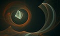 Fictional 3d composition of digital shapes such as square and circles, waves and curves which create weird psychedelic night scene