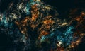 Fictional earth or ocean surface from space, galactic nebula, colorful marine blue orange paint stains over dark background.