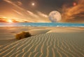 Fictional fantasy landscape view of surface another planet, on background sky and satellite, possible worlds exoplanet in space of