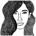 Fictional female character. Black and white line art. Logo design for use in graphics.