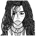 Fictional female character. Black and white line art. Logo design for use in graphics.