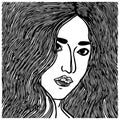 Fictional female character. Black and white line art. Logo design for use in graphics.