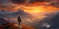 Fictional Hiker stands at the summit of a difficult mountain climb to be greeted with a beautiful view of the sunrise