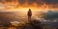 Fictional Hiker stands at the summit of a difficult mountain climb to be greeted with a beautiful view of the sunrise