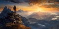 Fictional Hiker stands at the summit of a difficult mountain climb to be greeted with a beautiful view of the sunrise