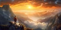 Fictional Hiker stands at the summit of a difficult mountain climb to be greeted with a beautiful view of the sunrise