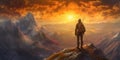 Fictional Hiker stands at the summit of a difficult mountain climb to be greeted with a beautiful view of the sunrise