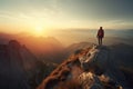 Fictional Hiker stands at the summit of a mountain. sunset in the mountains. Generative AI