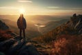 Fictional Hiker stands at the summit of a mountain. sunset in the mountains. Generative AI