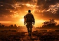 Fictional image of a soldier walking at the end of day. Appeal for peace between Israel and the Palestinian people. AI generated