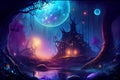 Fictional magical world with a scary castle in spooky forest illuminated by neon moonlight. AI Generated.