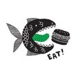 A fictional monster fish with an open mouth and tongue. Burger in its mouth. Phrase Eat. Conceptual design for t-shirts