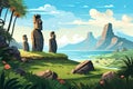 fictional representation of easter island landscape AI generated Royalty Free Stock Photo