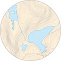 Fictional round topographic vector map with elevation lines and yellow background