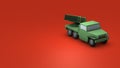 A fictional Russian style rocket launcher. Military truck with lots of rocket guns. A metaphor for destruction and war.