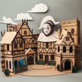 Fictional scene of William Shakespeare for 500th anniversary represent his plays and the Elizabethan theater. Diorama.