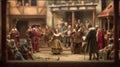 Fictional scene of William Shakespeare for 500th anniversary represent his plays and the Elizabethan theater. Diorama.