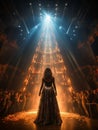 Fictional woman artist in dress on big stage of luxury concert hall AI