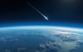 Fictional space view of an object, meteorite or rocket re-entering the Earth\'s atmosphere with a visible exothermic reaction Royalty Free Stock Photo