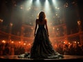 Fictional woman artist in dress on big stage of luxury concert hall AI