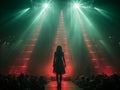Fictional woman on stage in green and red spotlight with her back in frame AI