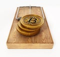 Fictitious crypto coin standing on mouse trap. 3D illustration