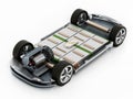 Fictitious electric car chassis with electric engine and batteries. 3D illustration Royalty Free Stock Photo