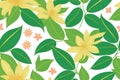 Ficus leaves pattern, flowers background. Seamless flat painting. Beautiful tribal generative ai art background