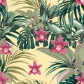 Ficus, palm leaves and pink orchid flowers seamless pattern, tropical foliage, branch, greenery. Royalty Free Stock Photo