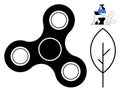 Fidget Spinner Symbol with Minimalist Leaf Pattern and Cartoon Person Working on Laptop Royalty Free Stock Photo