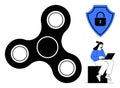 Fidget Spinner, Cybersecurity Shield, and Woman Using Laptop Highlighting Focus and Security Royalty Free Stock Photo