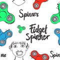 Fidget spinner hand drawing illustration and lettering calligraphy seamless pattern