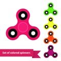 Fidget spinner. Hand toy for stress relieving. Set of colorful spinners in flat style. Modern trend 2017. Vector Royalty Free Stock Photo