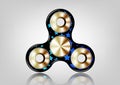 Fidget spinner icon - toy for stress relief and improvement of attention span. Filled gold metal , blue stars and black color.