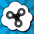 Fidget spinner sign. Vector. Black icon in bubble on blue pop-art background with rays.. Illustration. Royalty Free Stock Photo