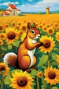 In a field ablaze with golden sunfllwers, a mischievous squirrel playfully among the towering blooms, Van Gogh style, animal